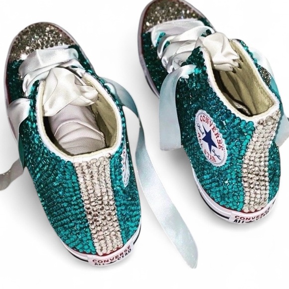 Teal Crystal Diamond High Top Converse Sizes 5-14 New In Box With Ribbon Lacs - Picture 5 of 14
